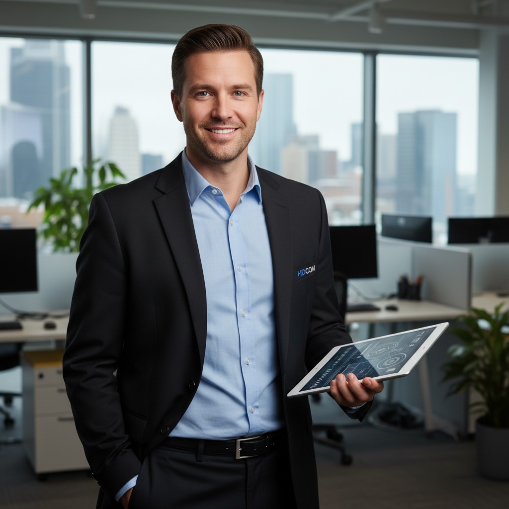 A smiling man in a suit holds a tablet in a modern office with a city skyline in the background.